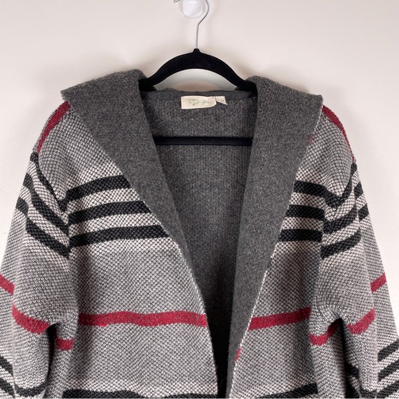 RD STYLE Cardigan W’s S Grey Hooded Cozy Open Front Longline Red Stripe Coatigan - Picture 3 of 12